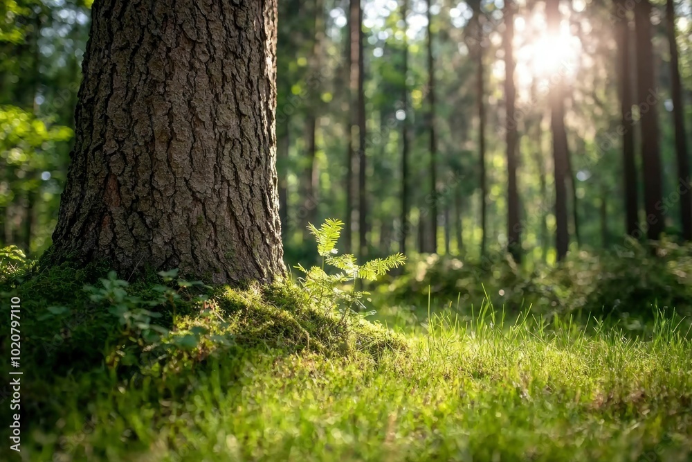 Sunlit Forest Floor with Tree Trunk and Young Sapling Sunlit Forest Floor with Tree Trunk and Young Sapling