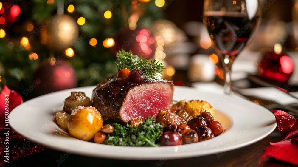 Elegant Christmas dinner with roasted meat and potatoes Elegant Christmas dinner with roasted meat and potatoes