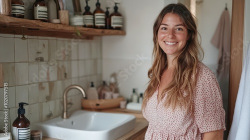 smiling woman in bathroom with shelves