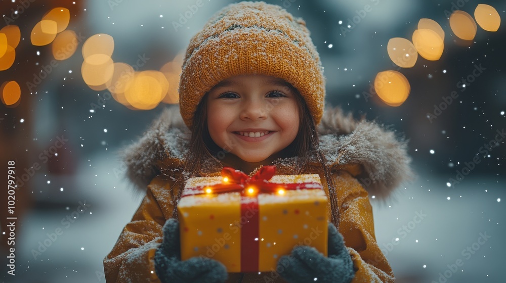 A joyful Native American child holding a gift in a snowy winter setting during the holidays A joyful Native American child holding a gift in a snowy winter setting during the holidays