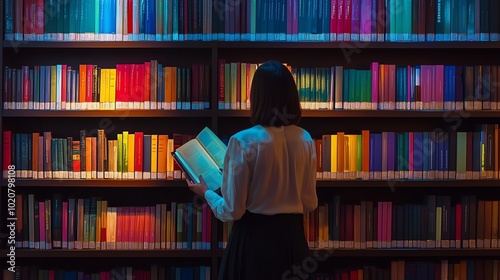 A young woman in a library looking at a book.