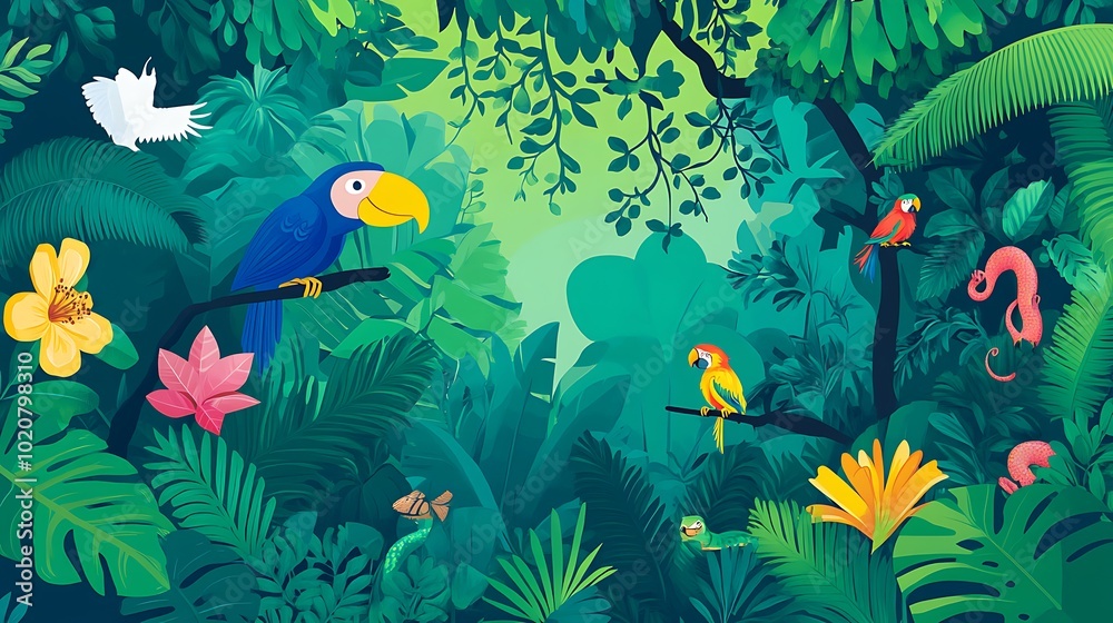 A Tropical Jungle Scene with Birds, Flowers, and Lizards