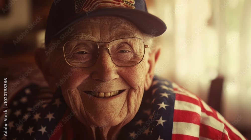 smiling elderly man wearing american flag smiling elderly man wearing american flag
