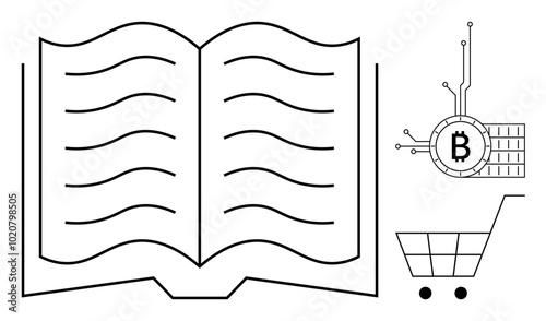 Open book, a Bitcoin symbol integrated with circuitry, and a shopping cart alluding to digital learning and e-commerce. Ideal for modern education, blockchain technology, cryptocurrency, e-commerce