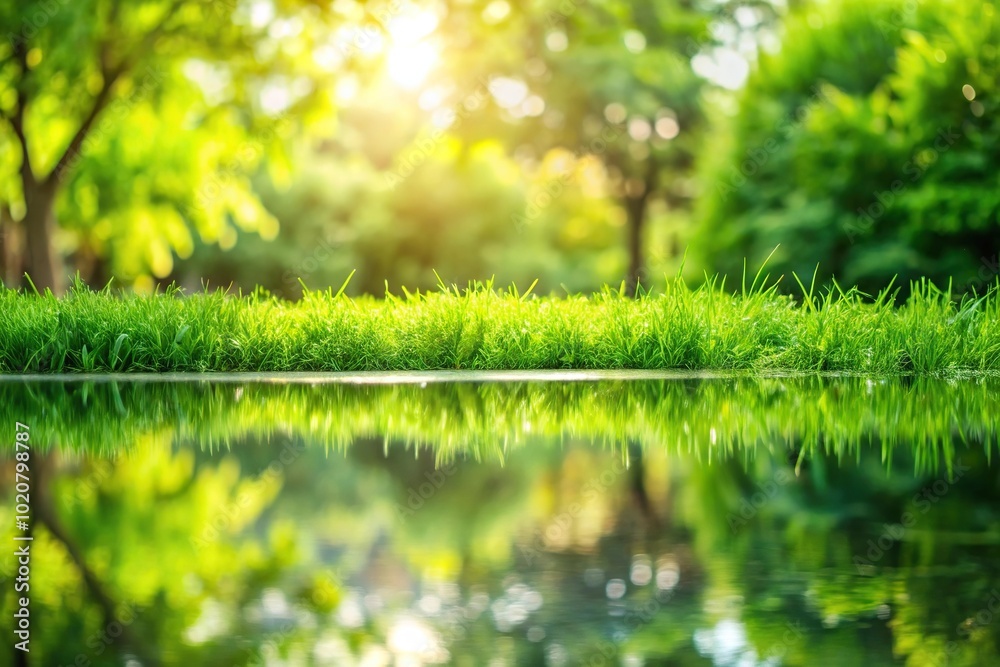 Fresh green grass lawn in the garden background reflected