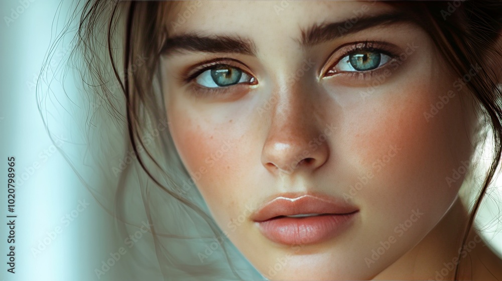 Close-up Portrait of a Young Woman with Freckles and Blue Eyes Close-up Portrait of a Young Woman with Freckles and Blue Eyes