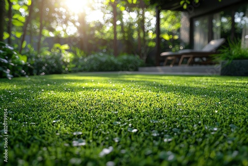 Lush Green Grass with Sunlit Bokeh in a Tropical Setting