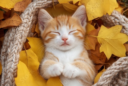 A tiny orange kitten sleeps amid golden autumn leaves, exuding a sense of tranquility and warmth outside.