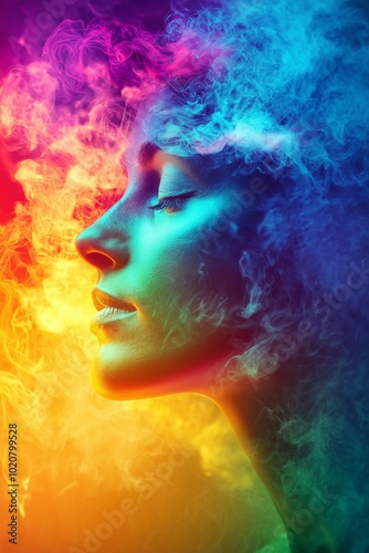 A side profile of a woman surrounded by colorful, swirling mists, blending elegance with vibrant abstract art.