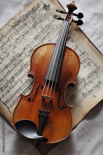 A classical violin set on sheet music, depicting a timeless connection between musical instruments and art.