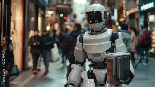 Wallpaper Mural  A humanoid robot carrying a package on a bustling city street, showcasing the future of urban logistics and automated delivery services Torontodigital.ca