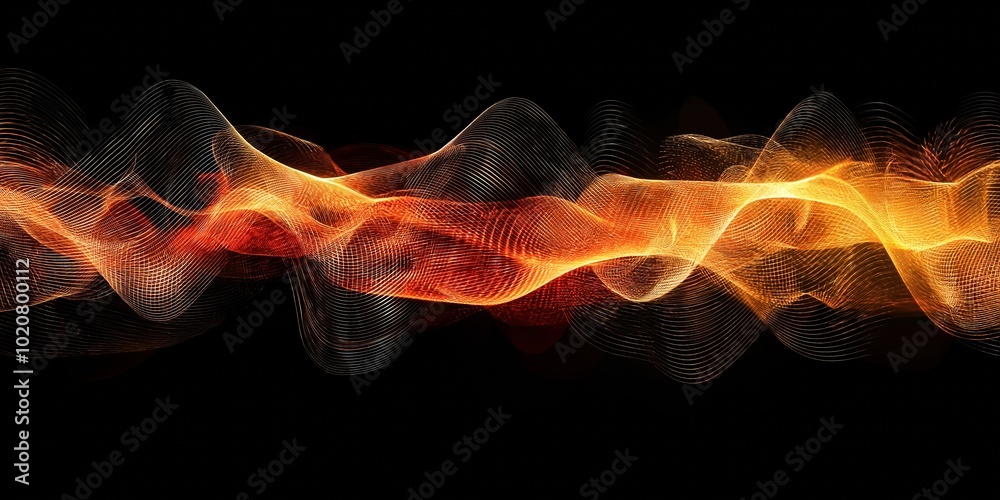 Obraz premium A dynamic wave pattern of gold and red colors set dramatically against a black background.