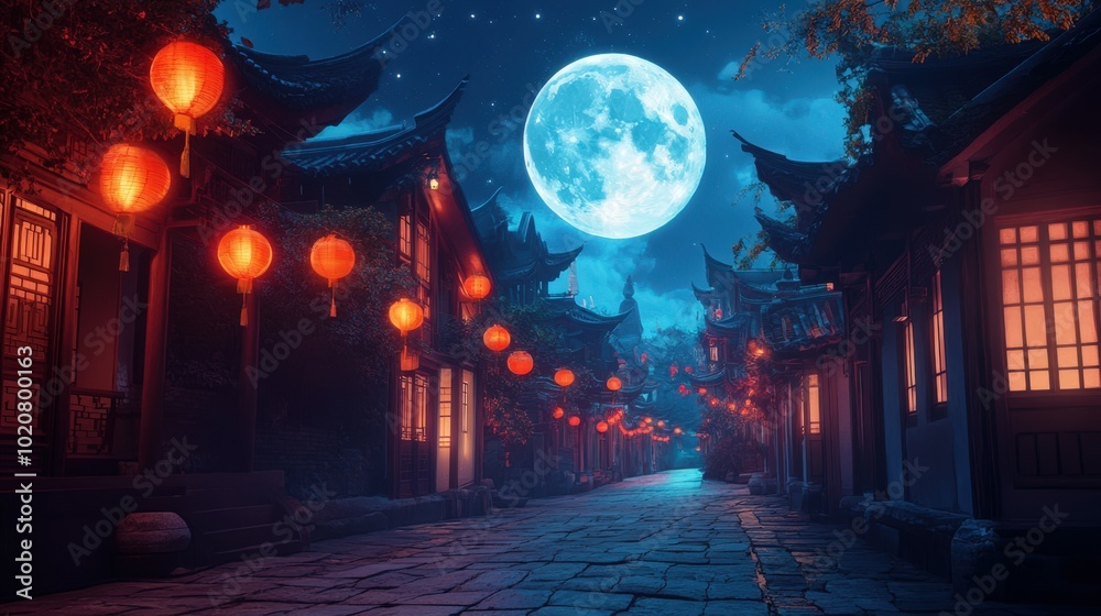 Naklejka premium Enchanting night scene in ancient asian town