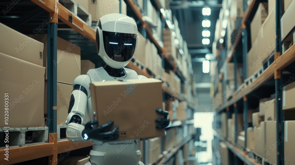 A humanoid robot carefully handling a package in a modern industrial or warehouse environment, illustrating advancements in robotics and automation for logistics and manufacturing A humanoid robot carefully handling a package in a modern industrial or warehouse environment, illustrating advancements in robotics and automation for logistics and manufacturing