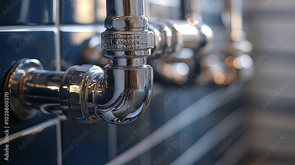 Close-up of a Shiny Chrome Plumbing Pipe with a Blue Tiled Background Close-up of a Shiny Chrome Plumbing Pipe with a Blue Tiled Background