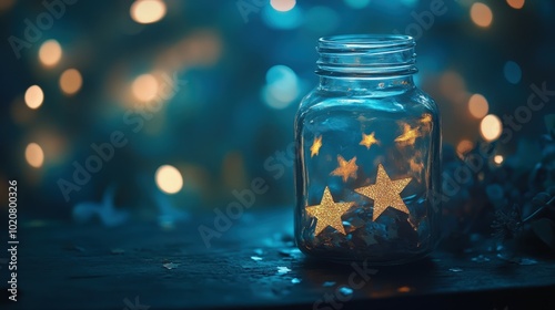 Magical jar with glowing golden stars