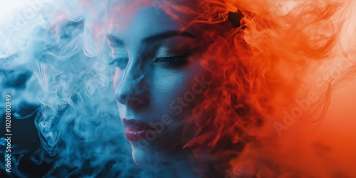 A serene face is half engulfed by red and blue smoke, creating an artistic, ethereal blend of colors and emotions.