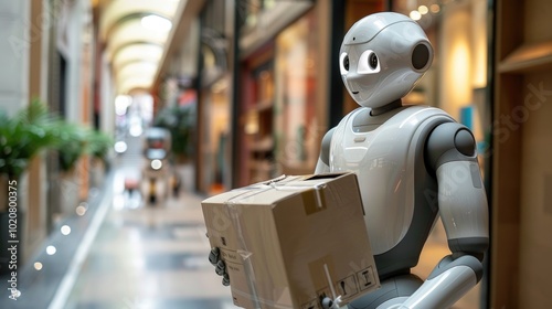 A humanoid robot carries a package, representing advancements in automation and robotics for efficient delivery and logistics systems