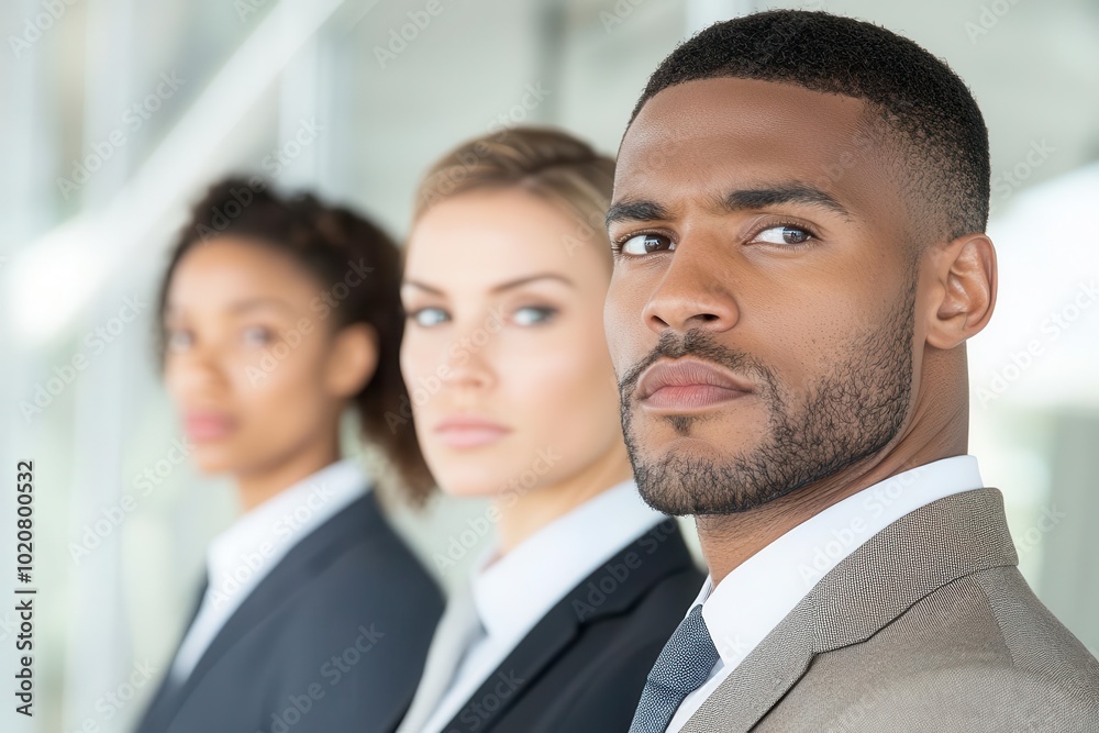 Group of professionals in office setting looking forward with determination. Group of professionals in office setting looking forward with determination.