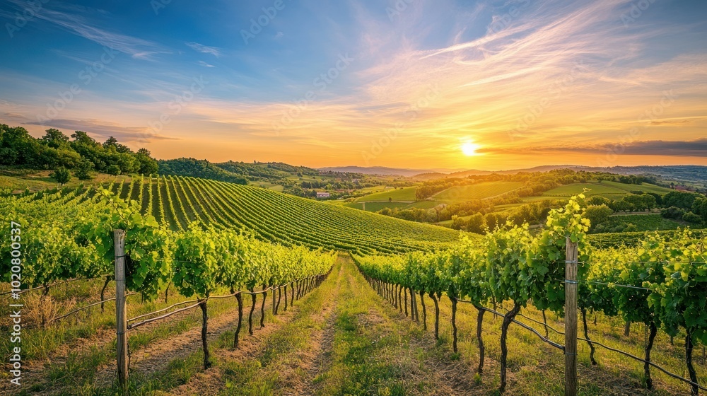 Fototapeta premium Vineyard Landscape at Sunset with Rolling Hills and a Golden Sky
