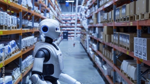 Wallpaper Mural Humanoid robot working in a modern warehouse. A humanoid robot navigates through a warehouse filled with boxes and shelves,  advanced automation and robotics in logistics and inventory management Torontodigital.ca