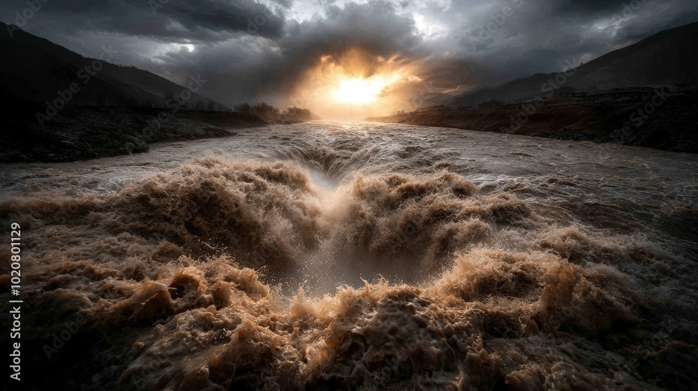 Naklejka premium Dramatic River Flow Under Sunset Clouds