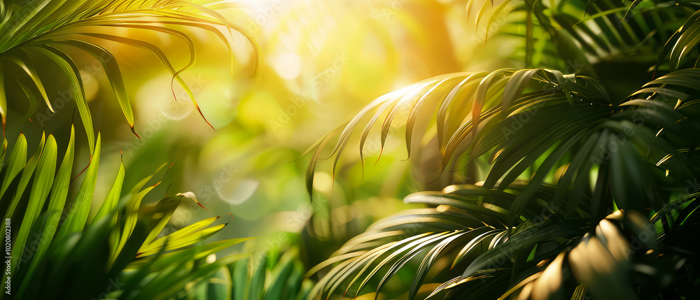 Close up of tropical palm leaves with warm sunlight at jungle forest. Green foliage botanical natural background. Rainforest. Exotic wallpaper. Generative ai Close up of tropical palm leaves with warm sunlight at jungle forest. Green foliage botanical natural background. Rainforest. Exotic wallpaper. Generative ai