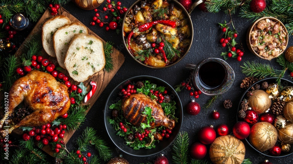 Top-down view of festive holiday meal with roasted chicken and decorations