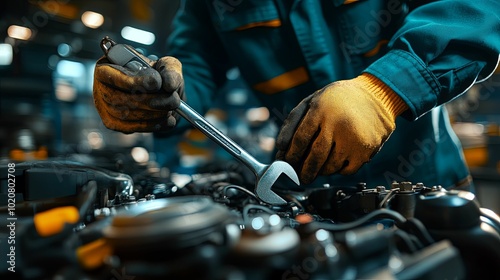 Mechanic Using Wrench on Engine in Garage
