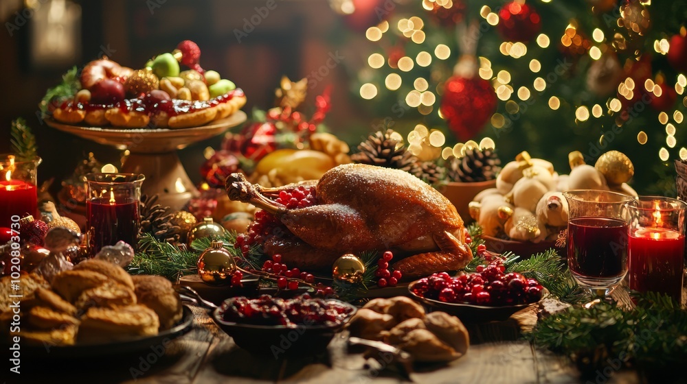 Festive Christmas dinner table with roasted turkey and holiday decor Festive Christmas dinner table with roasted turkey and holiday decor
