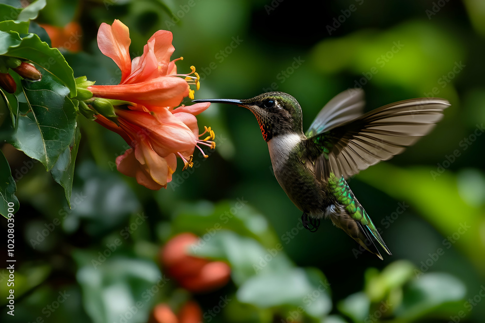 Hummingbird feeding through fuschia Flower Hummingbird feeding through fuschia Flower