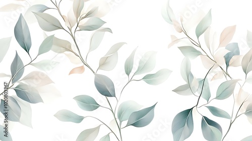 Wallpaper Mural Watercolor Painting of Delicate Green Leaves on White Background Torontodigital.ca