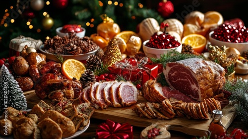 Traditional Christmas ham and festive holiday spread with decorations photo