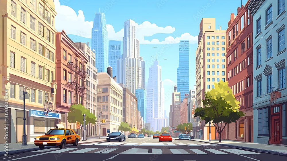 Fototapeta premium A vibrant city street with tall buildings, a yellow taxi, and a crosswalk