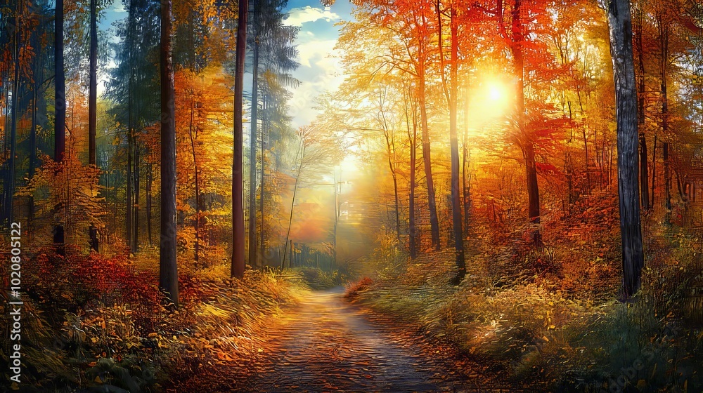 Obraz premium Sunlit Path Through an Autumn Forest
