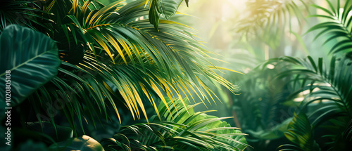 Close up of tropical palm leaves at jungle forest. Green foliage botanical natural background. Rainforest. Exotic wallpaper. Generative ai