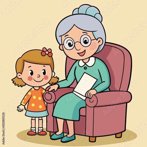 grandma in chair in a room with granddaughter vector art