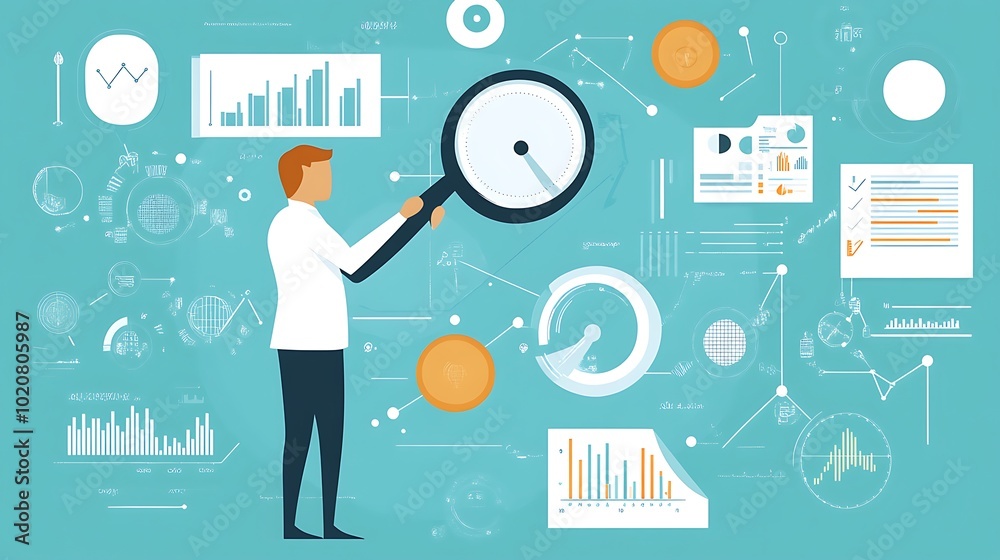 Businessperson Examining Data Through Magnifying Glass Businessperson Examining Data Through Magnifying Glass
