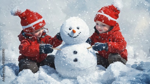 Children building a snowman in a winter wonderland, Christmas atmosphere, 3D illustration --chaos 10 --ar 16:9 --quality 2 --personalize 773tzfv --v 6.1 Job ID: 590d81ca-24be-4f15-ae97-25e0a341106c