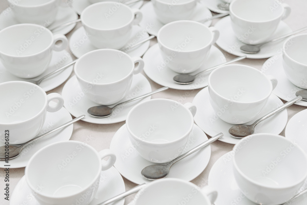 white empty porcelain cups on saucers with spoons in several rows on white tablecloth, serving tables for banquet in restaurant or cafe, pattern, background white empty porcelain cups on saucers with spoons in several rows on white tablecloth, serving tables for banquet in restaurant or cafe, pattern, background