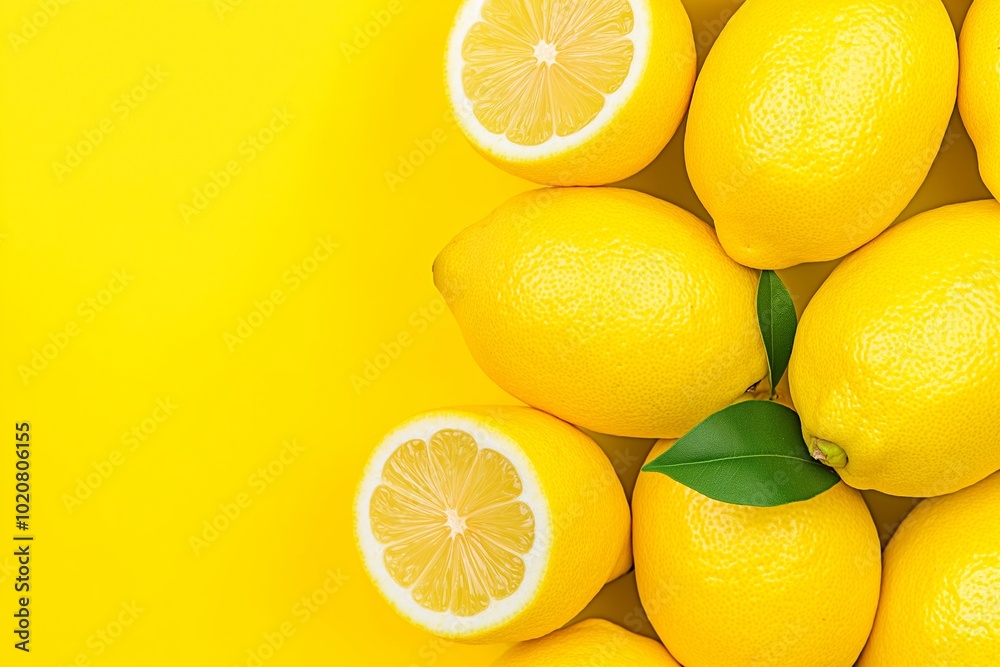 Yellow background with a lemon on it. lemon is cut in half and has a green leaf on it. pile of lemons, simple composition, minimalist style, with copy space in the center for text or product placement Yellow background with a lemon on it. lemon is cut in half and has a green leaf on it. pile of lemons, simple composition, minimalist style, with copy space in the center for text or product placement