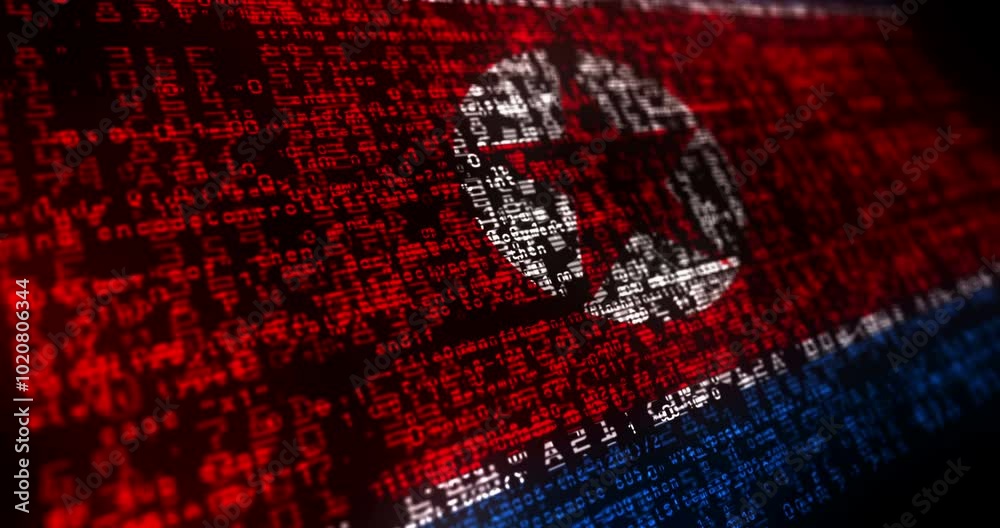 North Korea USA flag waving secure code. Korean blowing banner cyber security attack and hack concept animation.