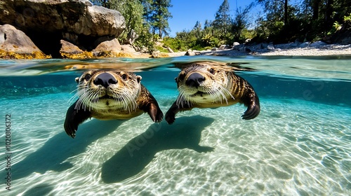 Seal pup playing on the beach with sea lion swimming in the ocean photo