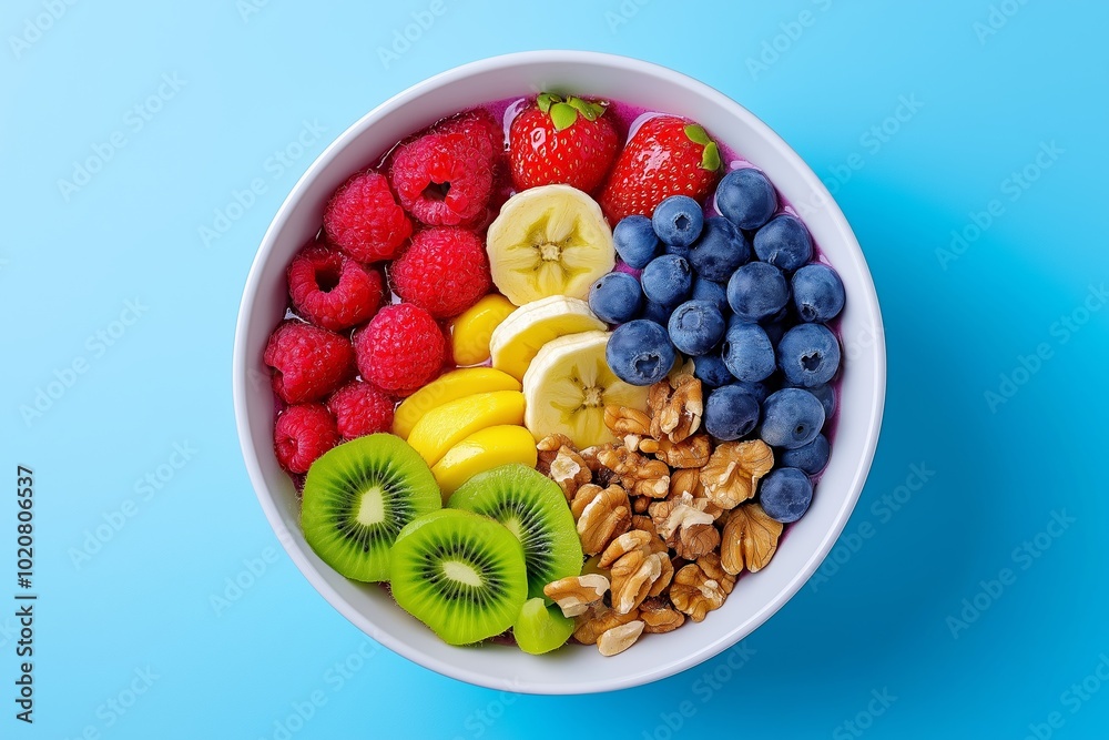 Bowl of fruit with blue background. The fruit includes bananas, raspberries, and kiwis. Vibrant and colorful smoothie bowl with a neat arrangement of various fruits (berries, kiwi, banana) and nuts. Bowl of fruit with blue background. The fruit includes bananas, raspberries, and kiwis. Vibrant and colorful smoothie bowl with a neat arrangement of various fruits (berries, kiwi, banana) and nuts.