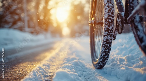 Snowy winter landscape with bicycle tire tracks