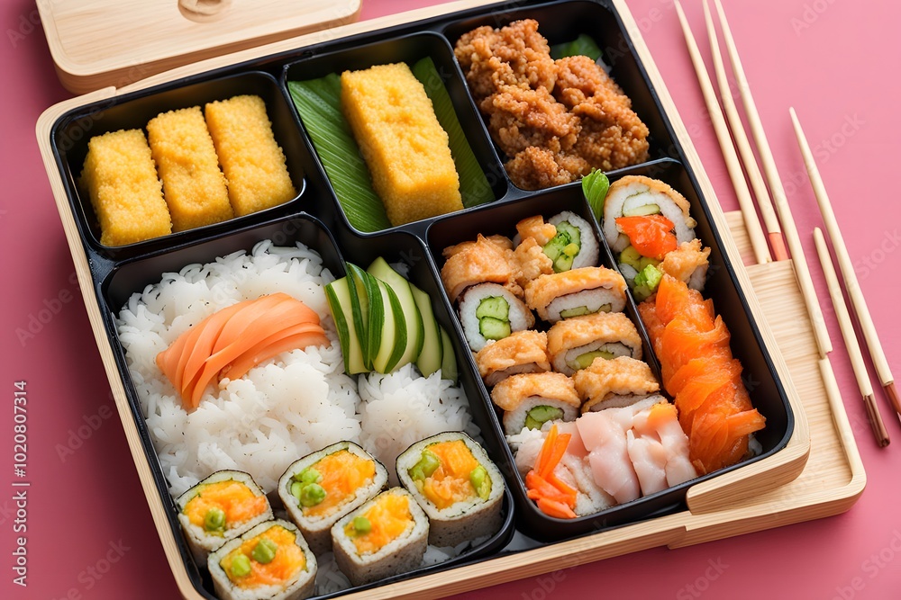 A vibrant bento box with rice tamagoyaki japanese omelet karaage chicken fresh sushi rolls, AI Generate A vibrant bento box with rice tamagoyaki japanese omelet karaage chicken fresh sushi rolls, AI Generate
