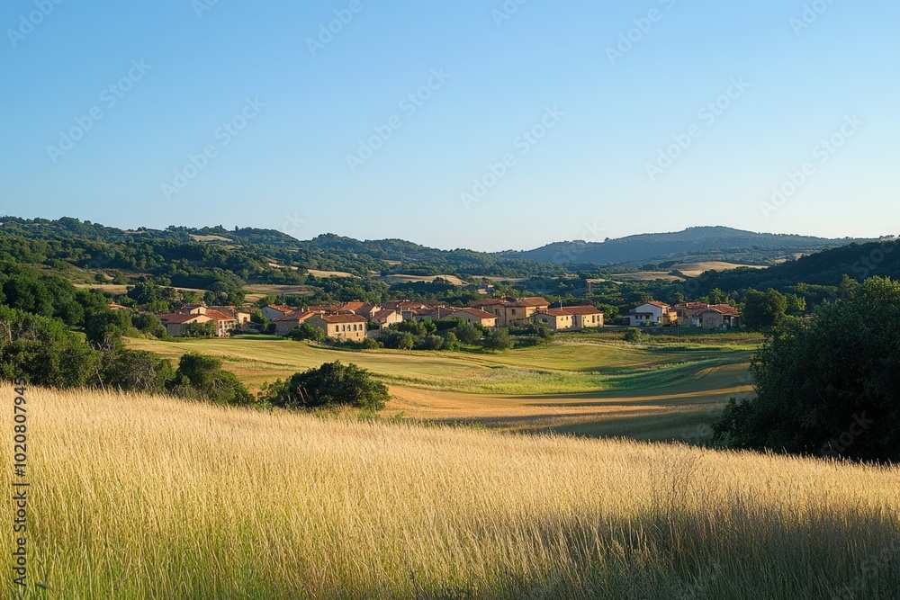 Picturesque rural landscape with rolling hills and farmland Picturesque rural landscape with rolling hills and farmland