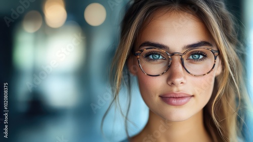 Close-up portrait of a young woman with glasses and soft lighting