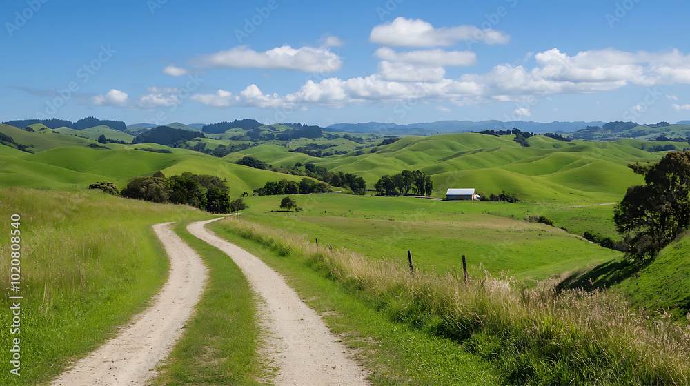 peaceful countryside landscape with rolling green hills, a winding dirt path, and a small farmhouse in the distance under a bright blue sky peaceful countryside landscape with rolling green hills, a winding dirt path, and a small farmhouse in the distance under a bright blue sky