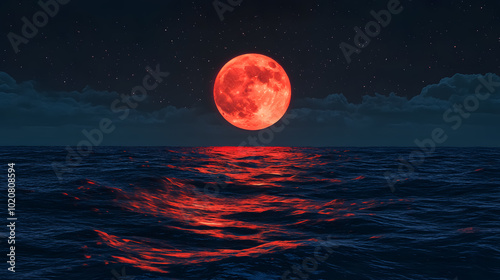 Full Red Moon Over Sea: The full red moon reflecting over the sea.